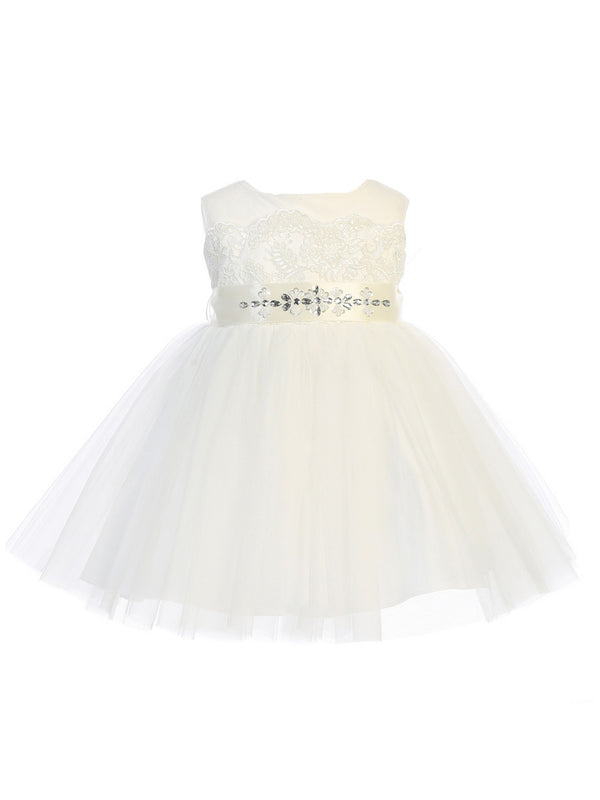 Baby Girls Ivory Illusion Neck Lace Tulle Overlay Flower Girl Dress 6M-24M - SophiasStyle.com